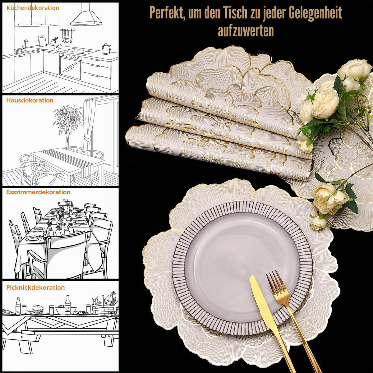 Goldene Platzsets 6er Set – Abwaschbare Pfingstrosen Tischsets 38cm