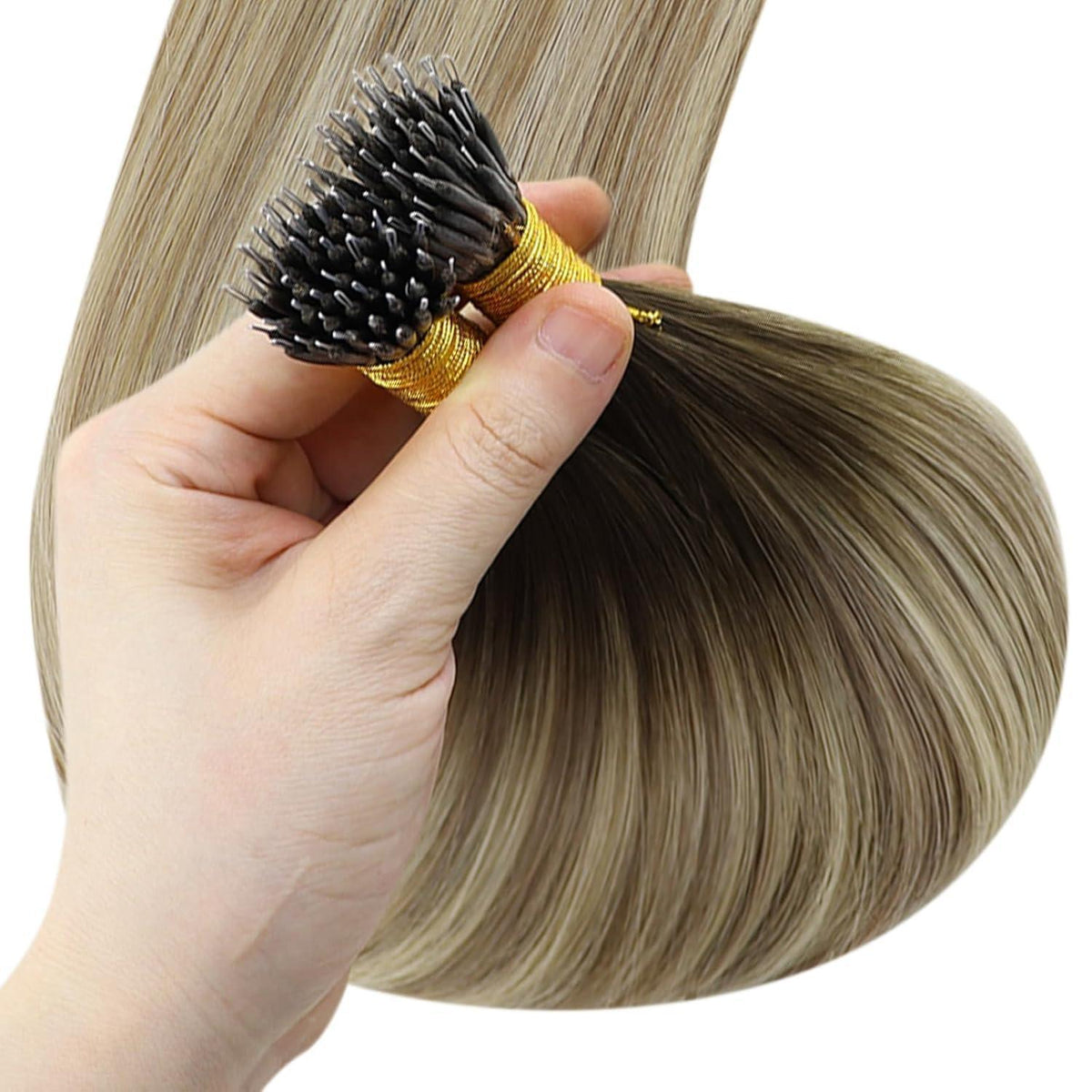 Echthaar Nanoring Extensions Braun Balayage Blond 55cm