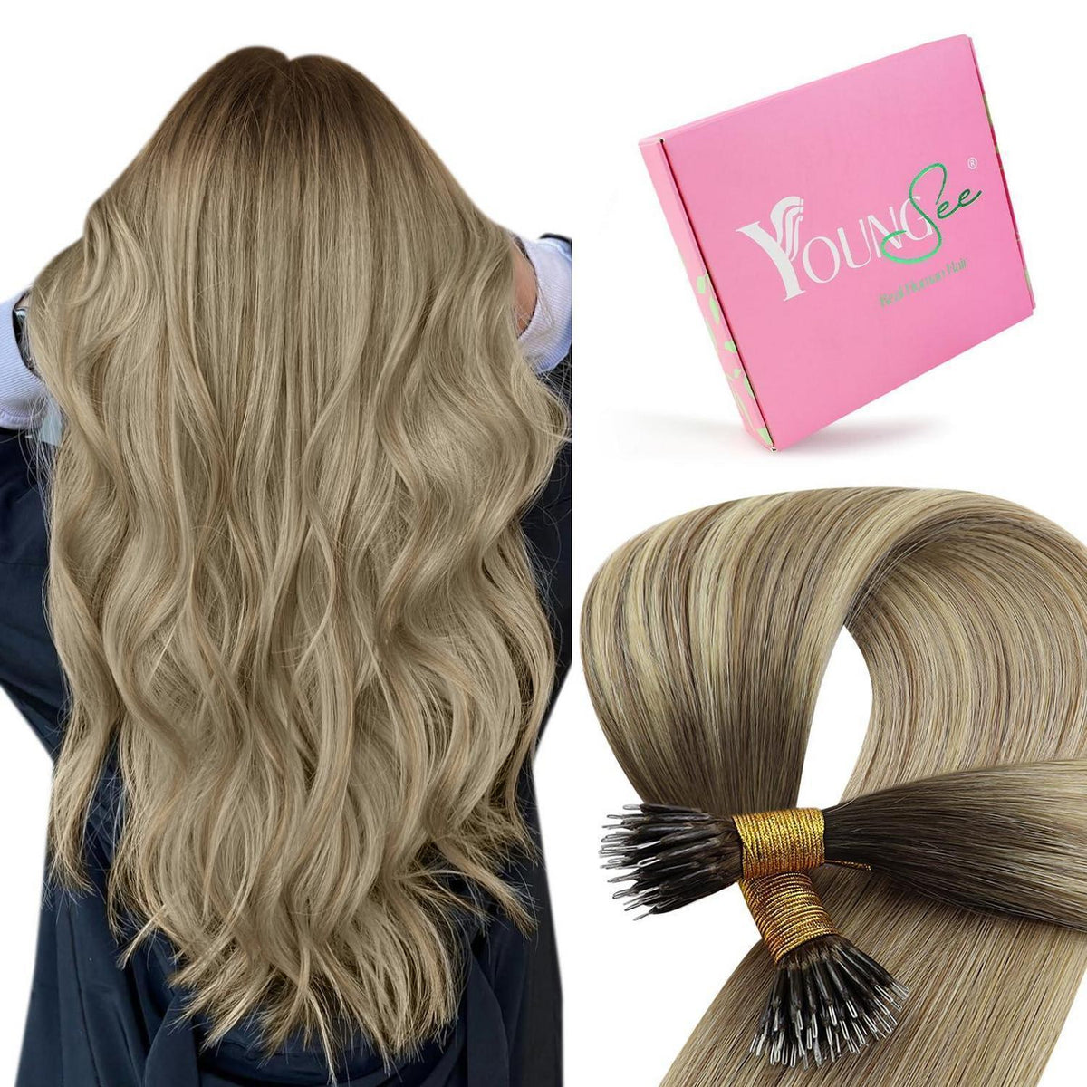 Echthaar Nano Ring Extensions Balayage Braun Blond 40cm
