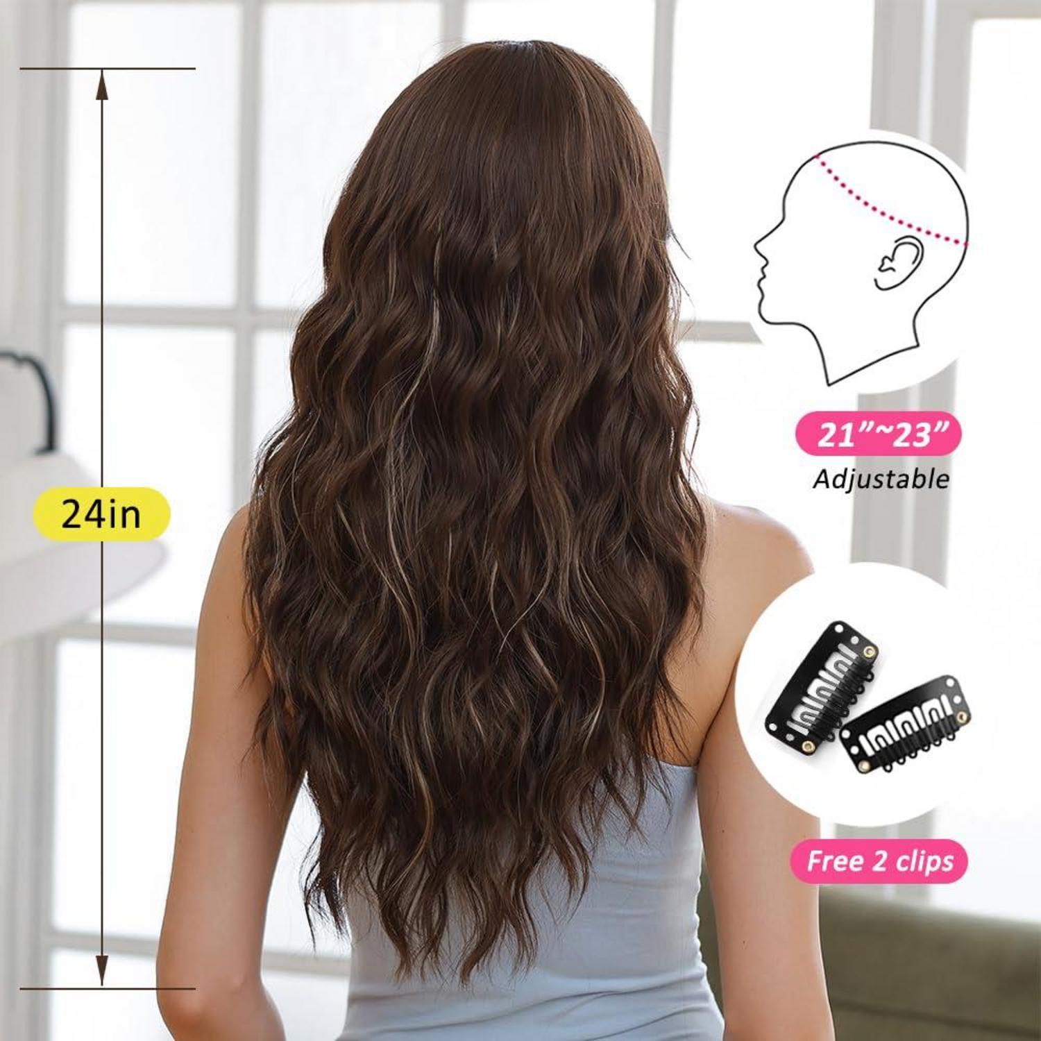 OUFEI Lange Braune Highlights Perücke mit Pony Natürliches gewelltes Synthetik Haar Hitzebeständige Perücke Kunsthaar für Party Cosplay Braune