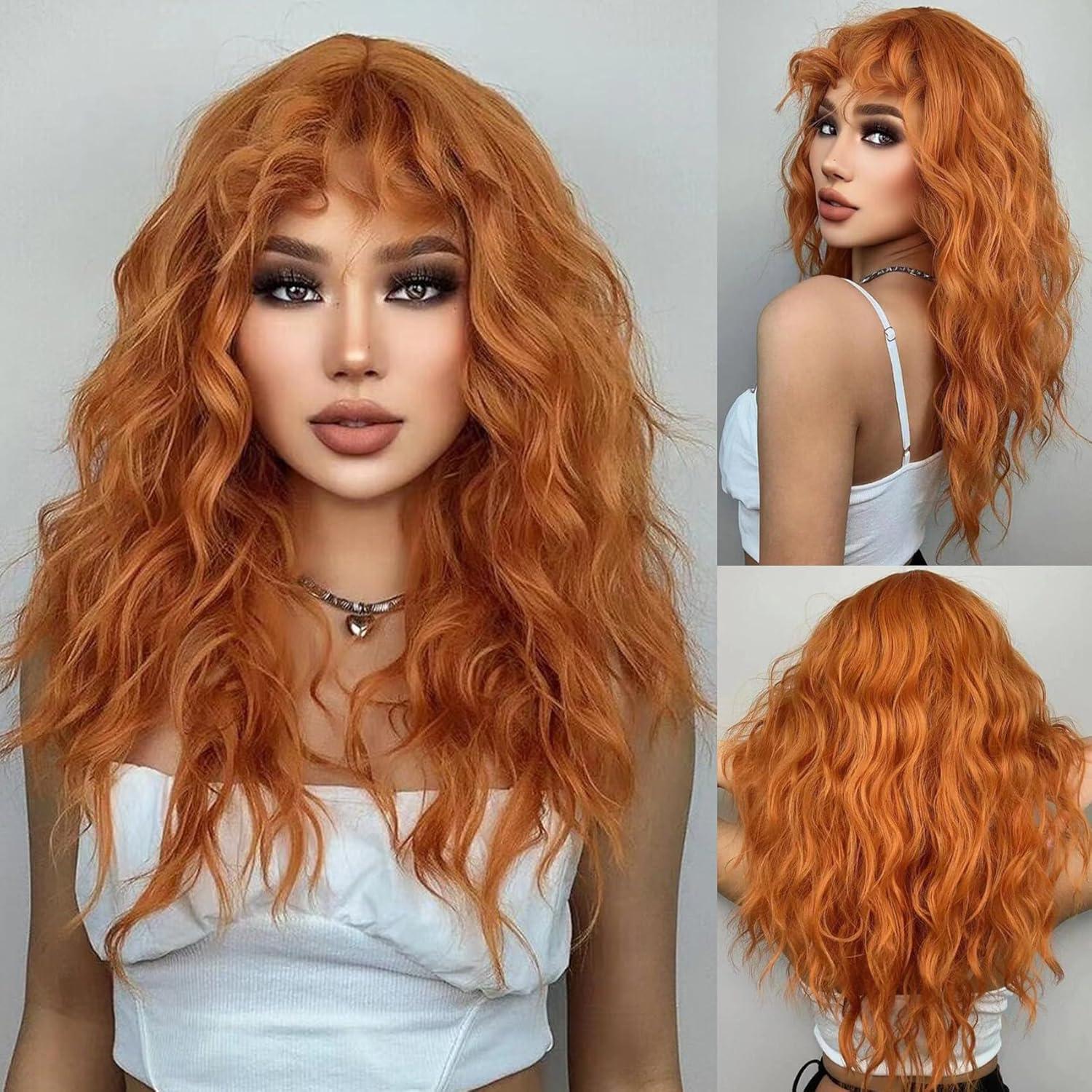 Orange lange wellige Perücke mit Pony für Frauen - Hitzebeständiges