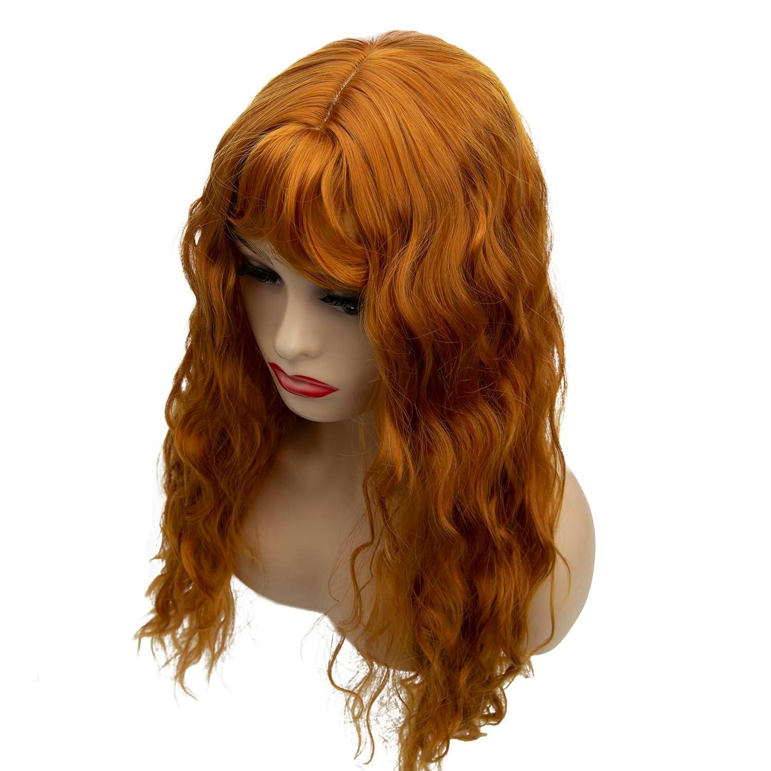 Orange lange wellige Perücke mit Pony hitzebeständige