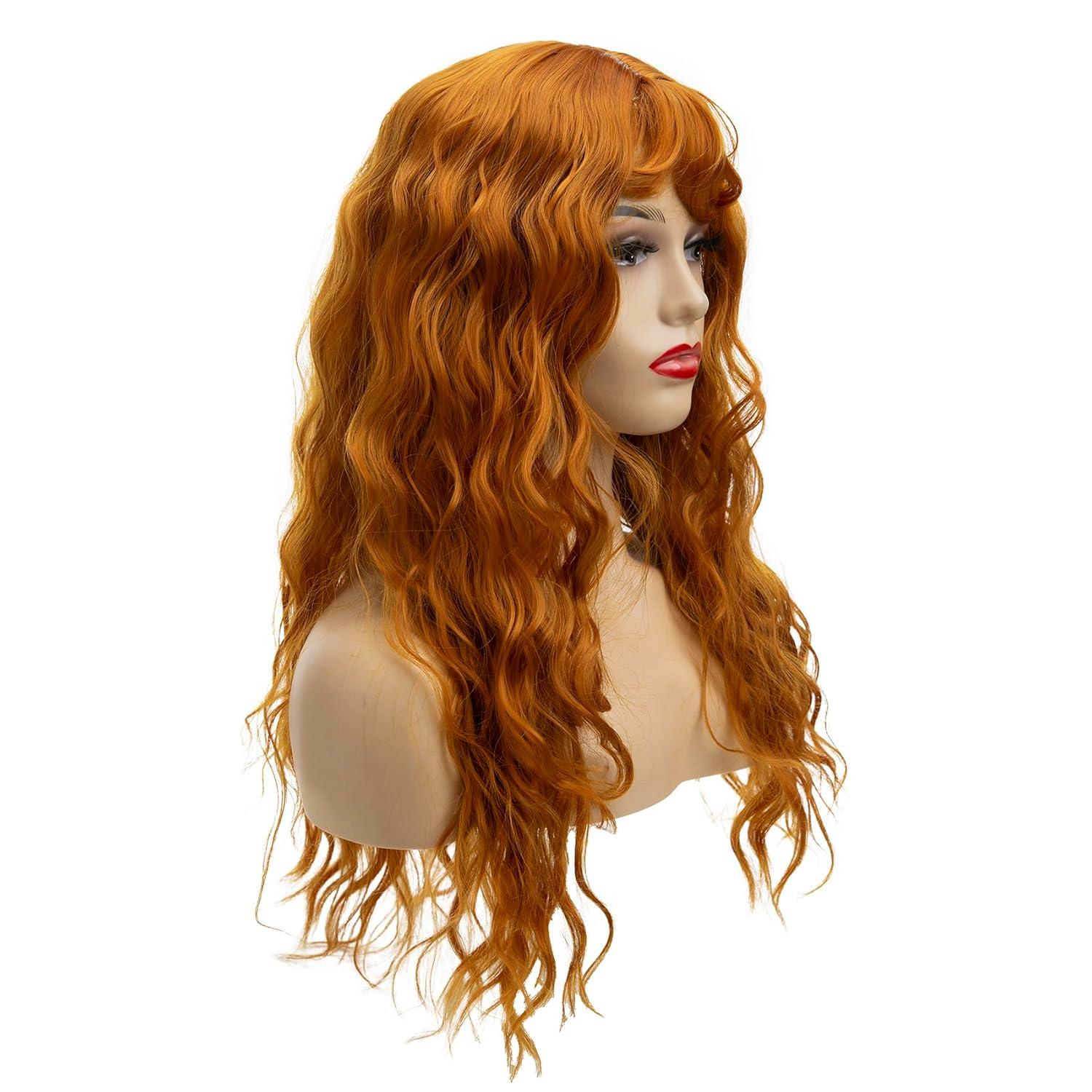 Orange lange wellige Perücke mit Pony für Frauen - Hitzebeständiges