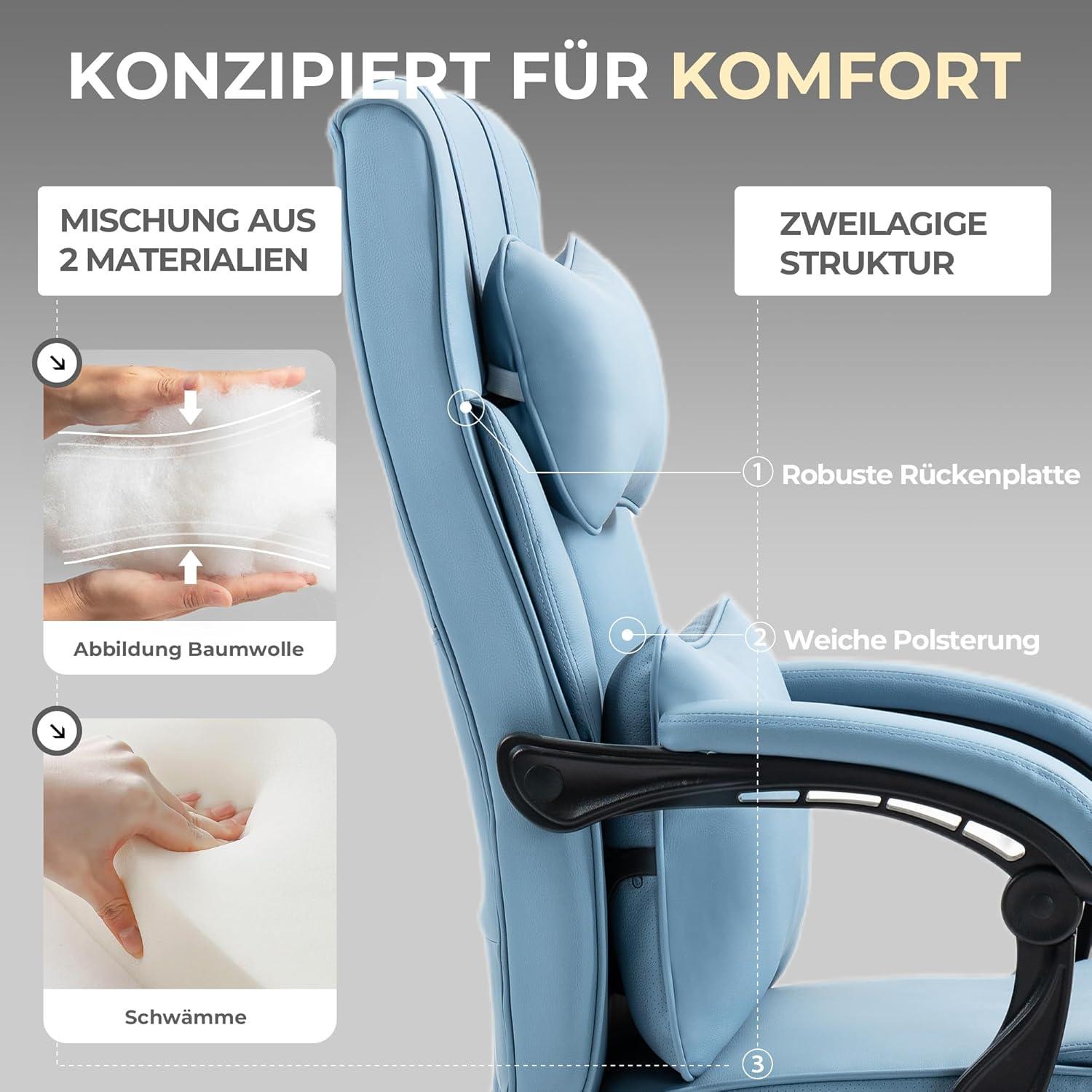 Ergonomischer Chefsessel mit Fußstütze und Lendenwirbelstütze, Bürostuhl Blau