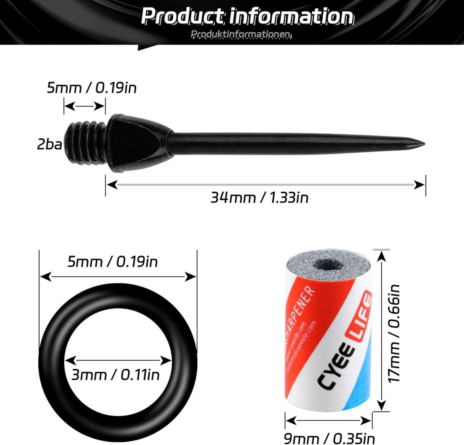 12 Stück 2BA Steel dartpfeile Spitzen + 20 Gummiringe + 1