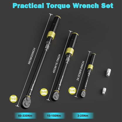 Drehmomentschlüssel Set 5-teilig 1/4" 3/8" 1/2" 3-330Nm Fahrrad Auto LKW