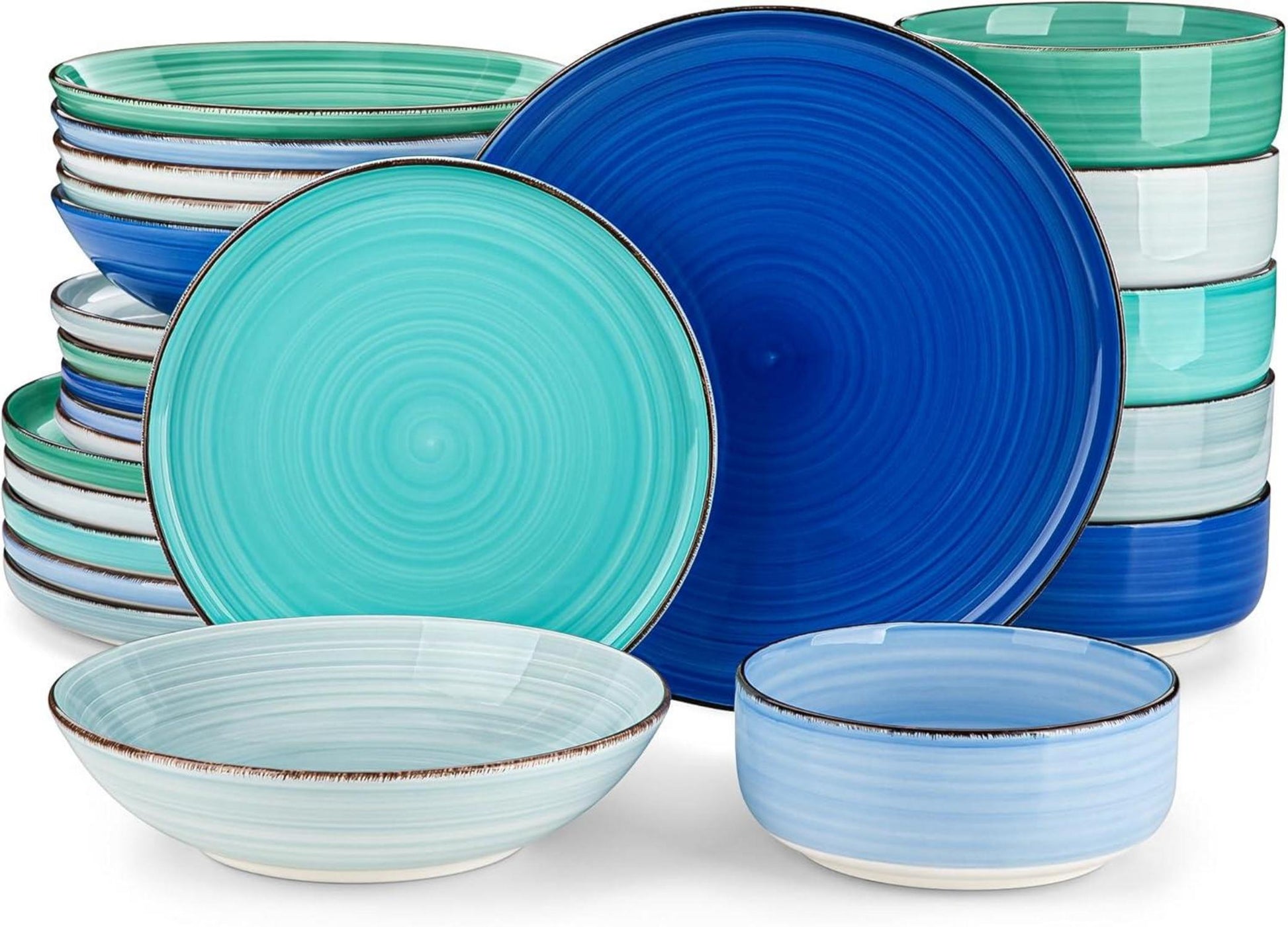 24tlg Geschirrset Tafelservice Steingut Blau Spiralen Design