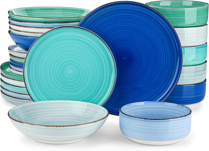 24tlg Geschirrset Tafelservice Steingut Blau Spiralen Design