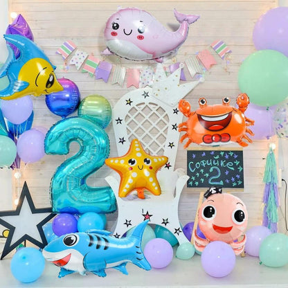 8er Set Meerestiere Folienballons: Fisch Delfin Seepferdchen Krabbe