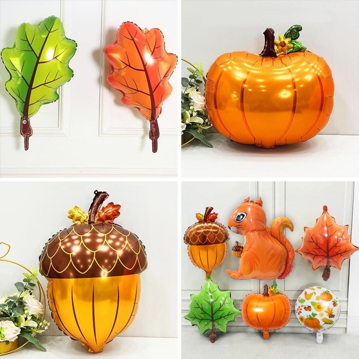 9er Thanksgiving Folienballon Set Herbst Party Dekoration XXL Kürbis Eichhörnchen Eichel Ahornblätter Harvest Halloween Fest & Geburtstag