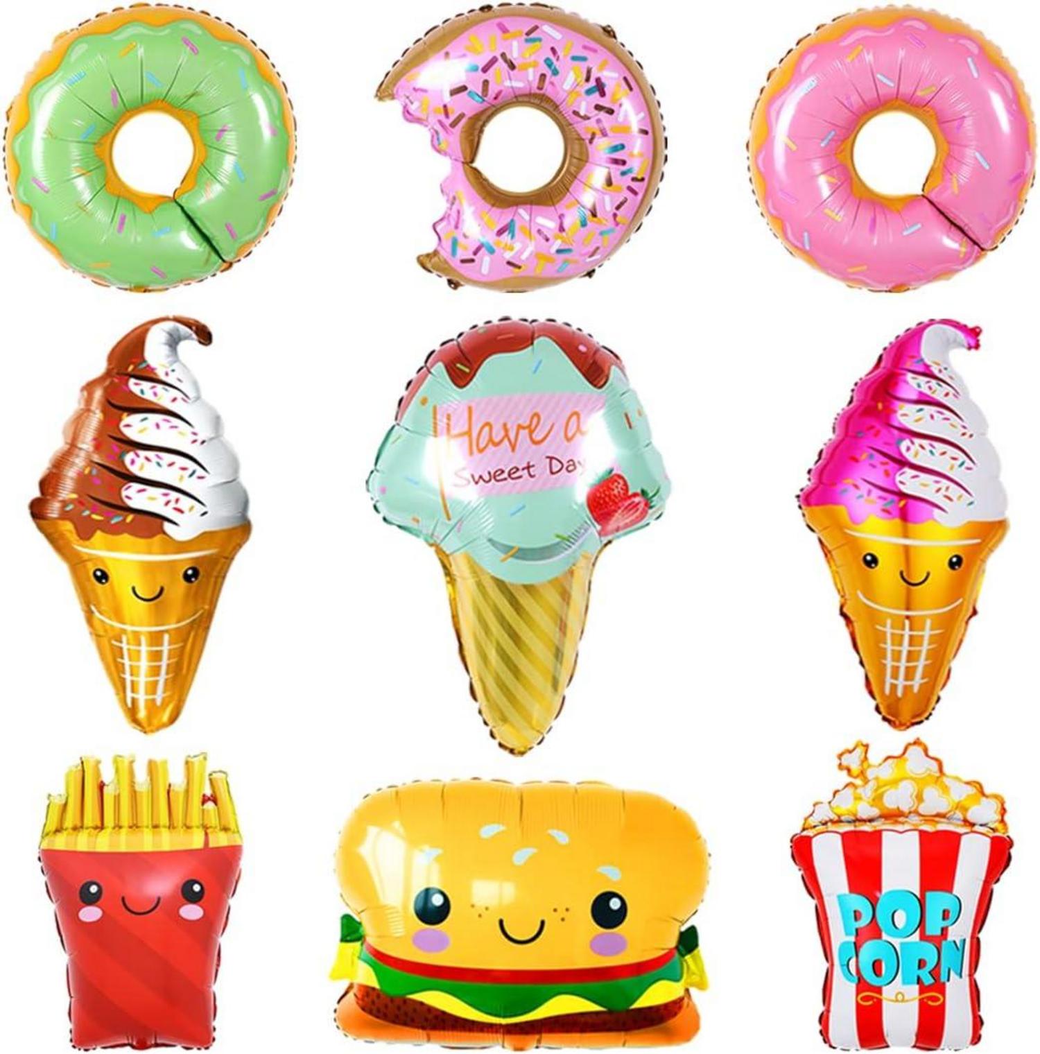 9er Set Donut Eis Hamburger Popcorn Folienballons für Kindergeburtstag