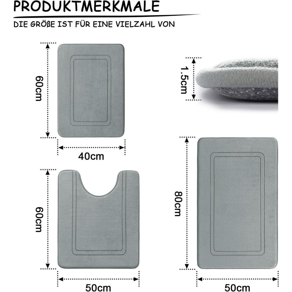 3-teiliges Badezimmerteppich Set Grau – Weiche Memory Foam Matten