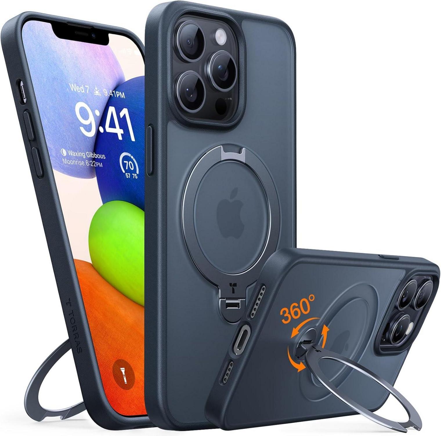 TORRAS Ostand Spin iPhone 13 Pro Max Hülle Militärschutz Matt Schwarz