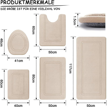 5-teiliges Badezimmerteppich Set Beige – Weiche Memory Foam