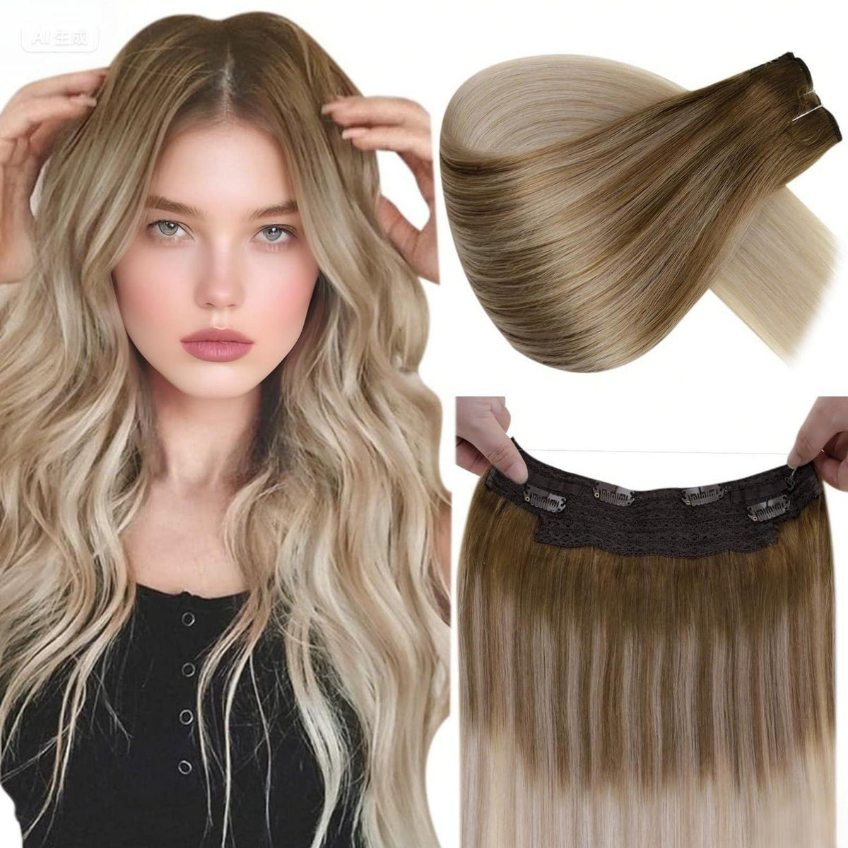 Echthaar Verlängerung Balayage Blond mit Draht 50cm