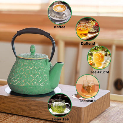 Gusseisen-Teekanne mit Kirschblütenmuster, 950ml, Grün