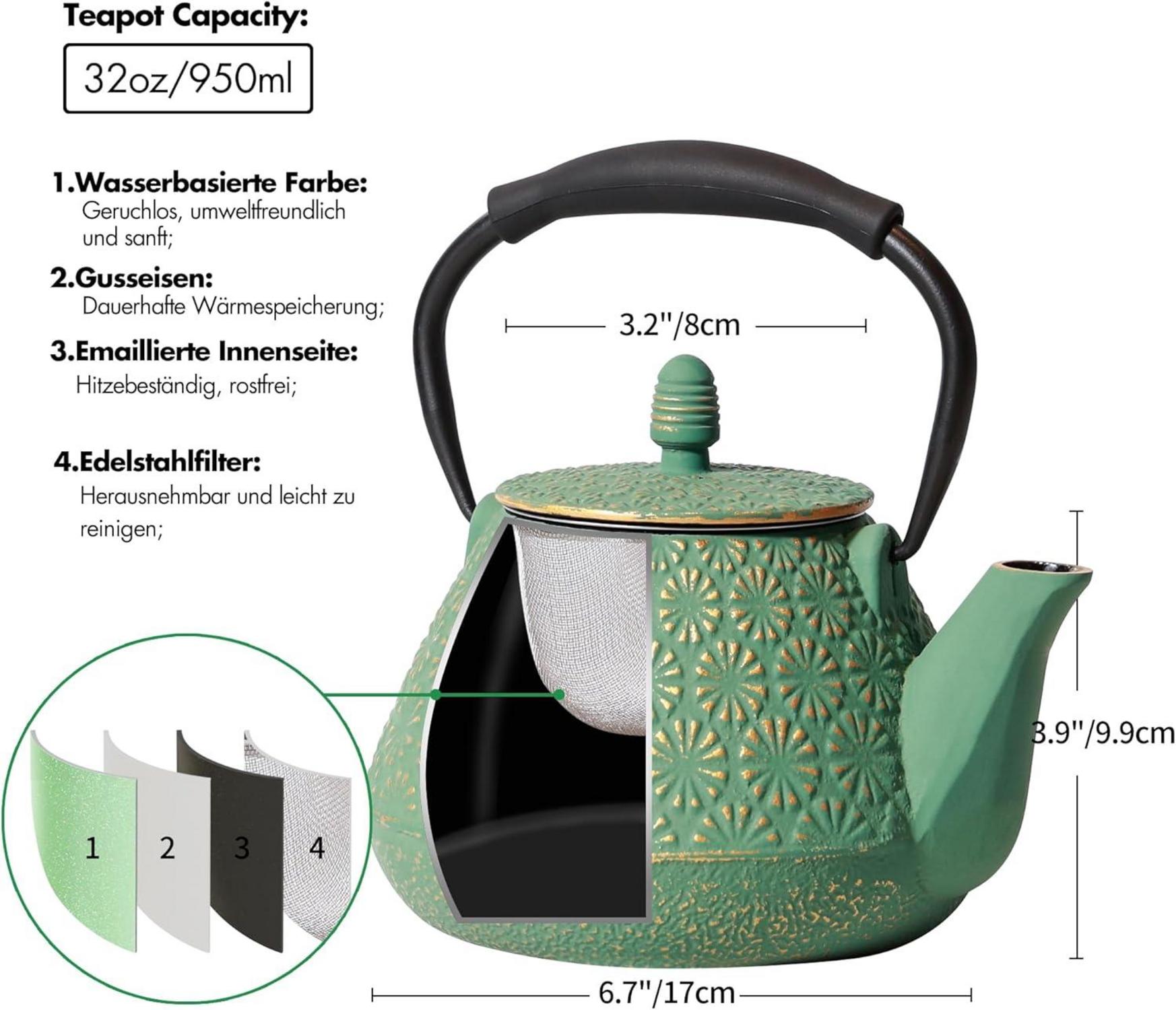 Gusseisen Teekanne 950ml japanisches Kirschblütenmuster Teekessel Grün