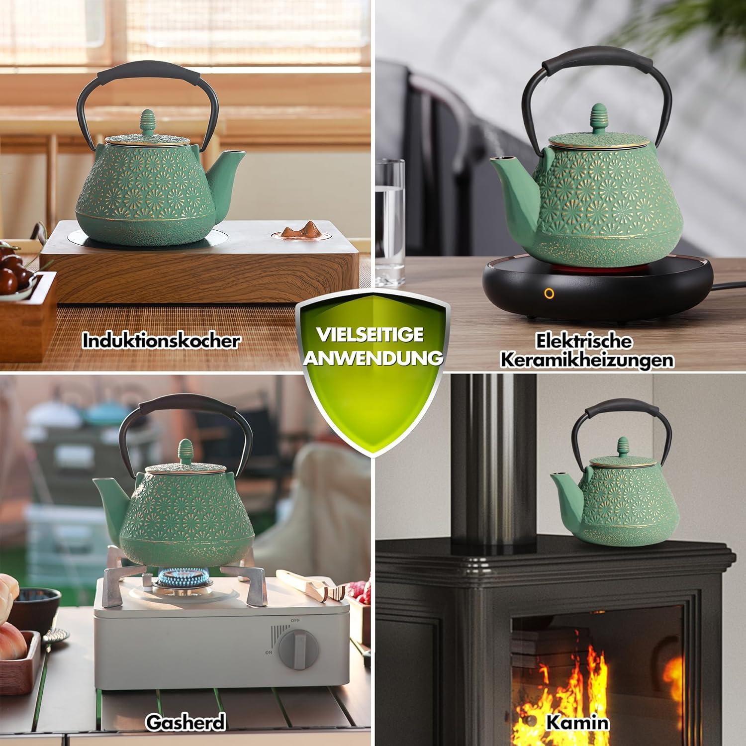 Gusseisen-Teekanne Kirschblütenmuster 950ml Silikon-Griff Grün