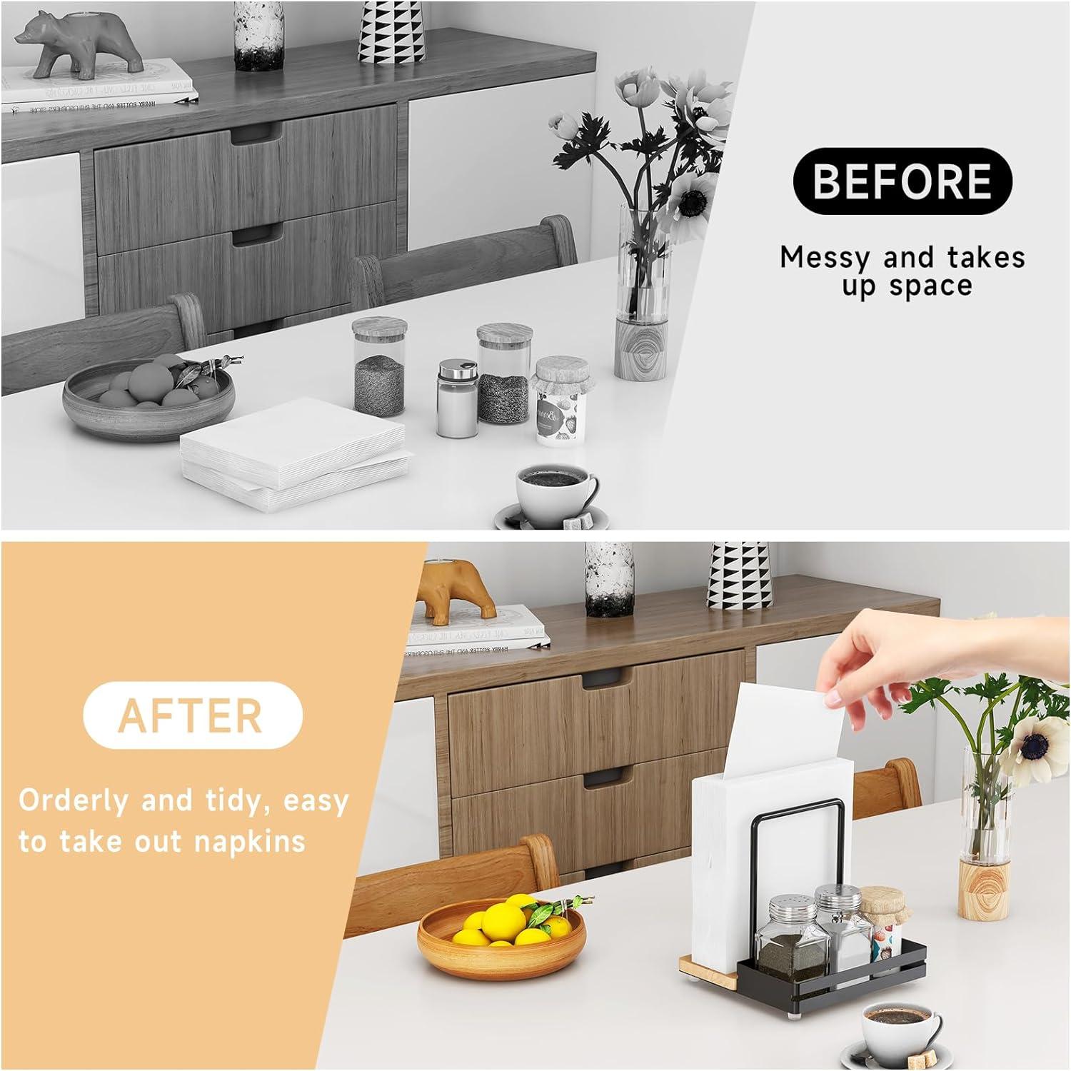 Serviettenhalter aus Metall und Holz mit Caddy, Schwarz