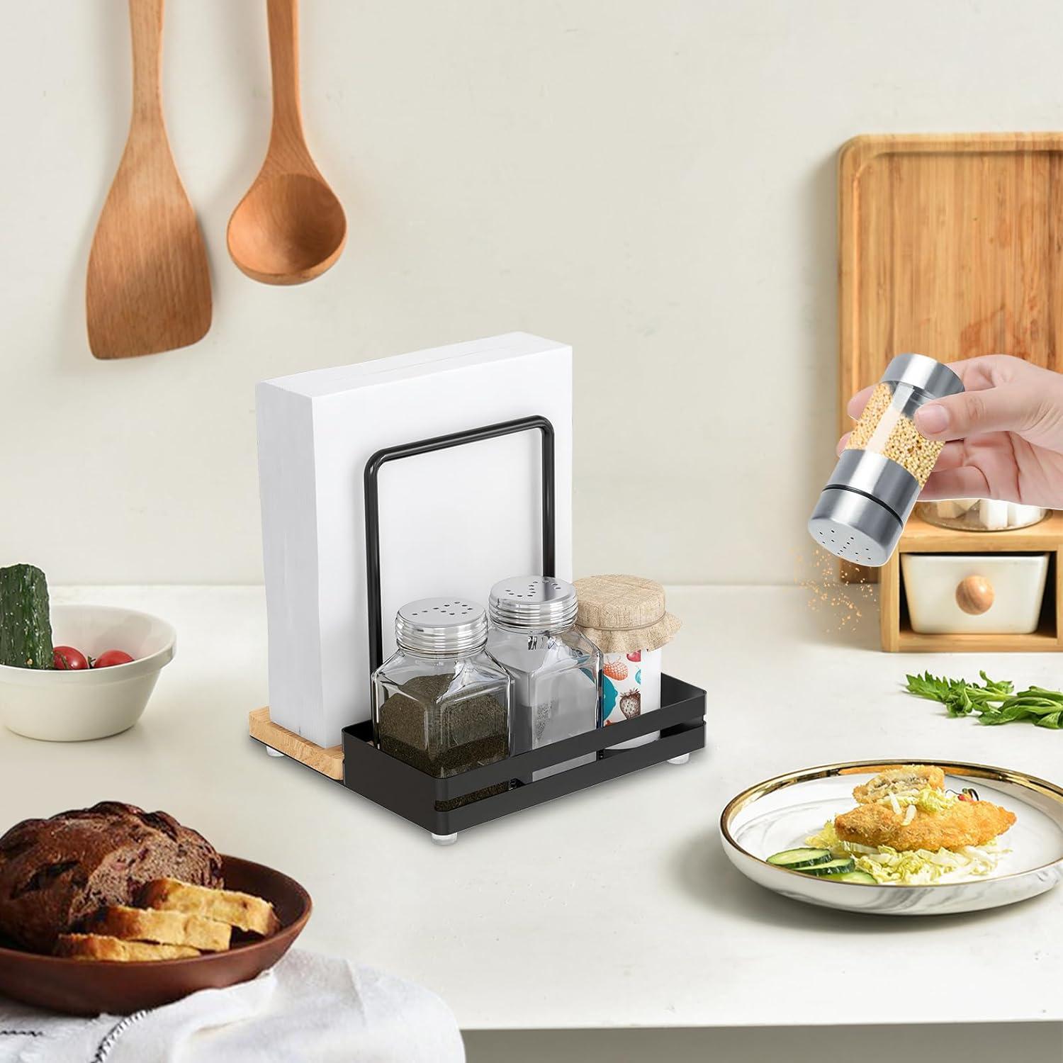 Serviettenhalter Schwarz aus Metall und Holz für Tisch & Küche