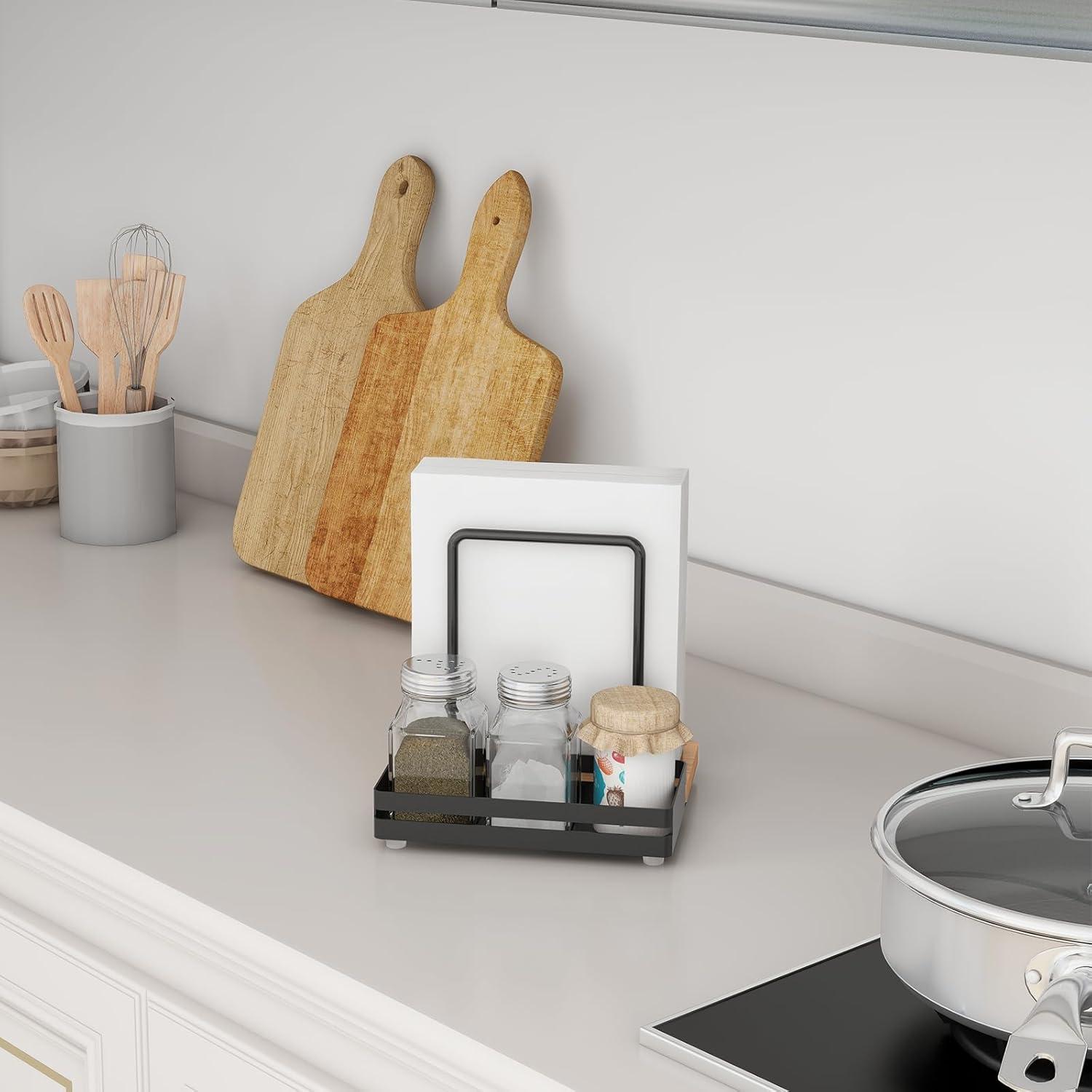 Serviettenhalter aus Metall und Holz mit Caddy, Schwarz