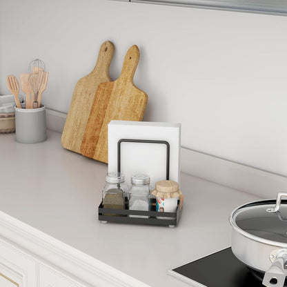 Serviettenhalter aus Metall und Holz mit Caddy, Schwarz