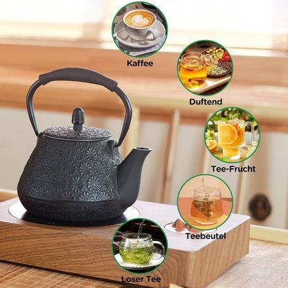 Gusseisen Teekanne japanisches Kirschblütenmuster 950ml Schwarz