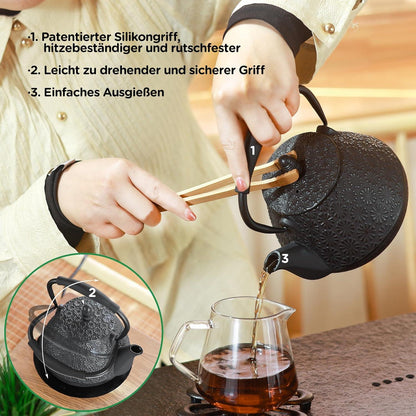 Gusseisen-Teekanne Kirschblütenmuster 950ml Schwarz Emailliert Silikon-Griff