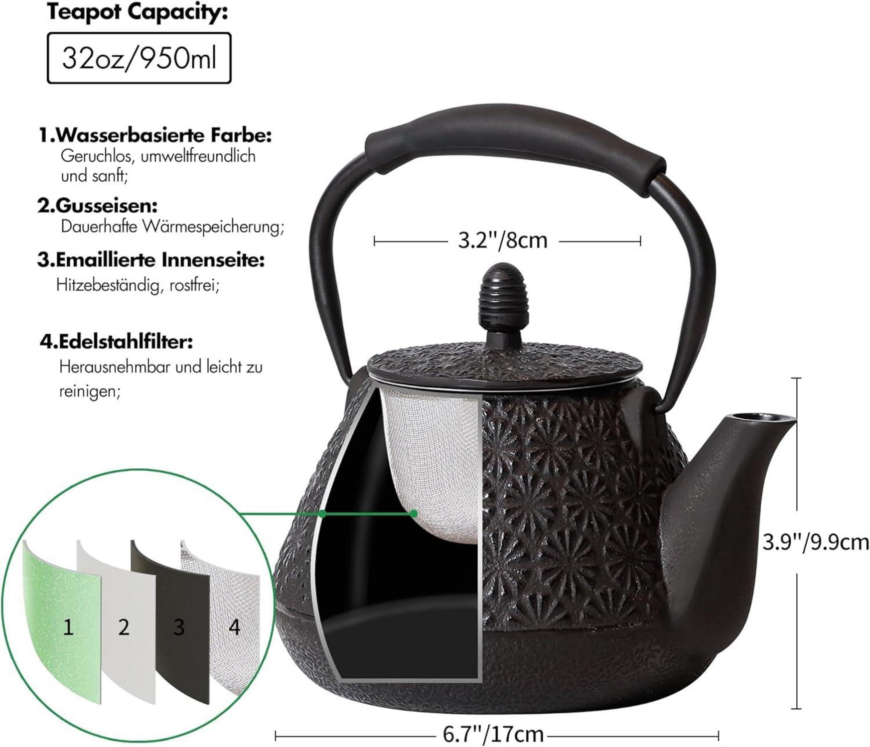 Japanische Kirschblüten Gusseisen Teekanne 950ml Schwarz