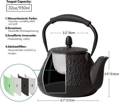 Japanische Kirschblüten Gusseisen Teekanne 950ml Schwarz