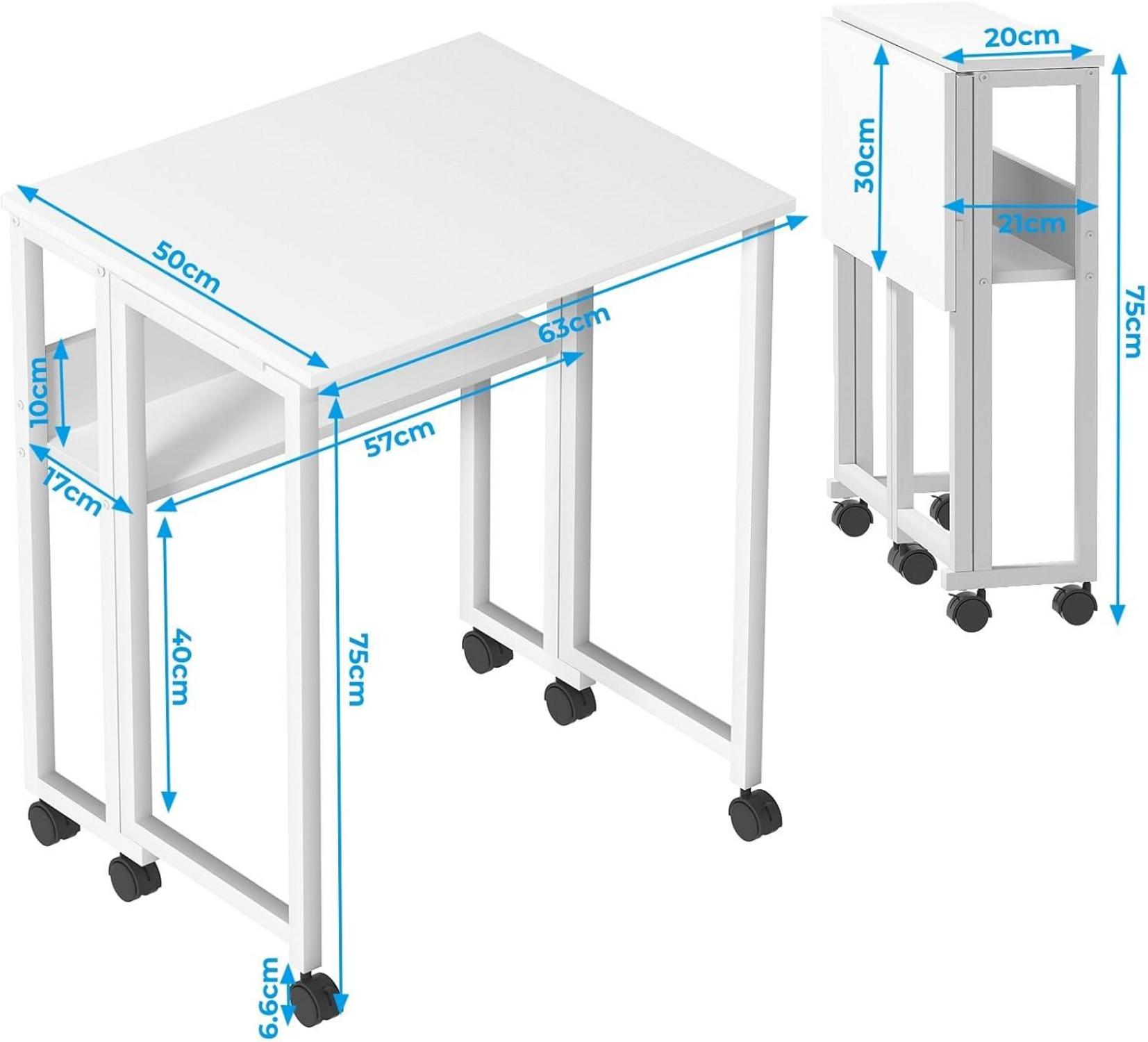 Klappbarer Schreibtisch 63 cm Weiß mit Rollen und Stauraum