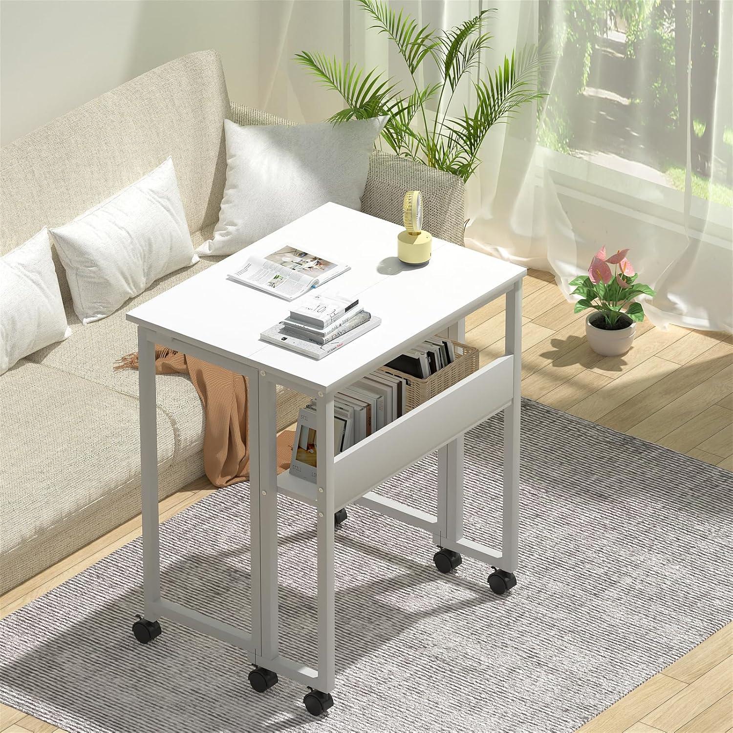 Kleiner Schreibtisch Klappbar 63cm Weiß Rollen Stauraum