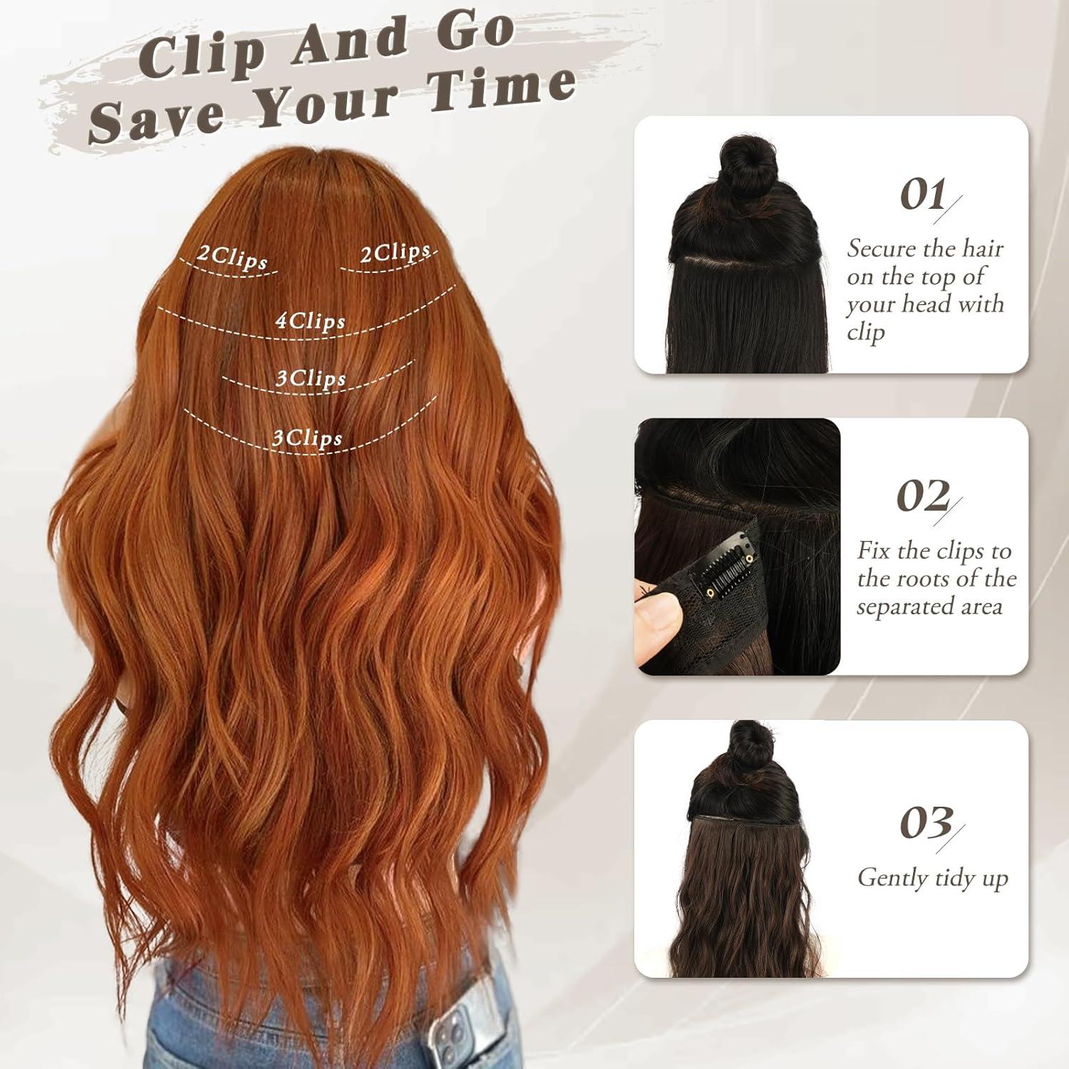 Clip Haare Extensions Wellige Kupfer Auburn 50CM Dick Synthetik Haarteile