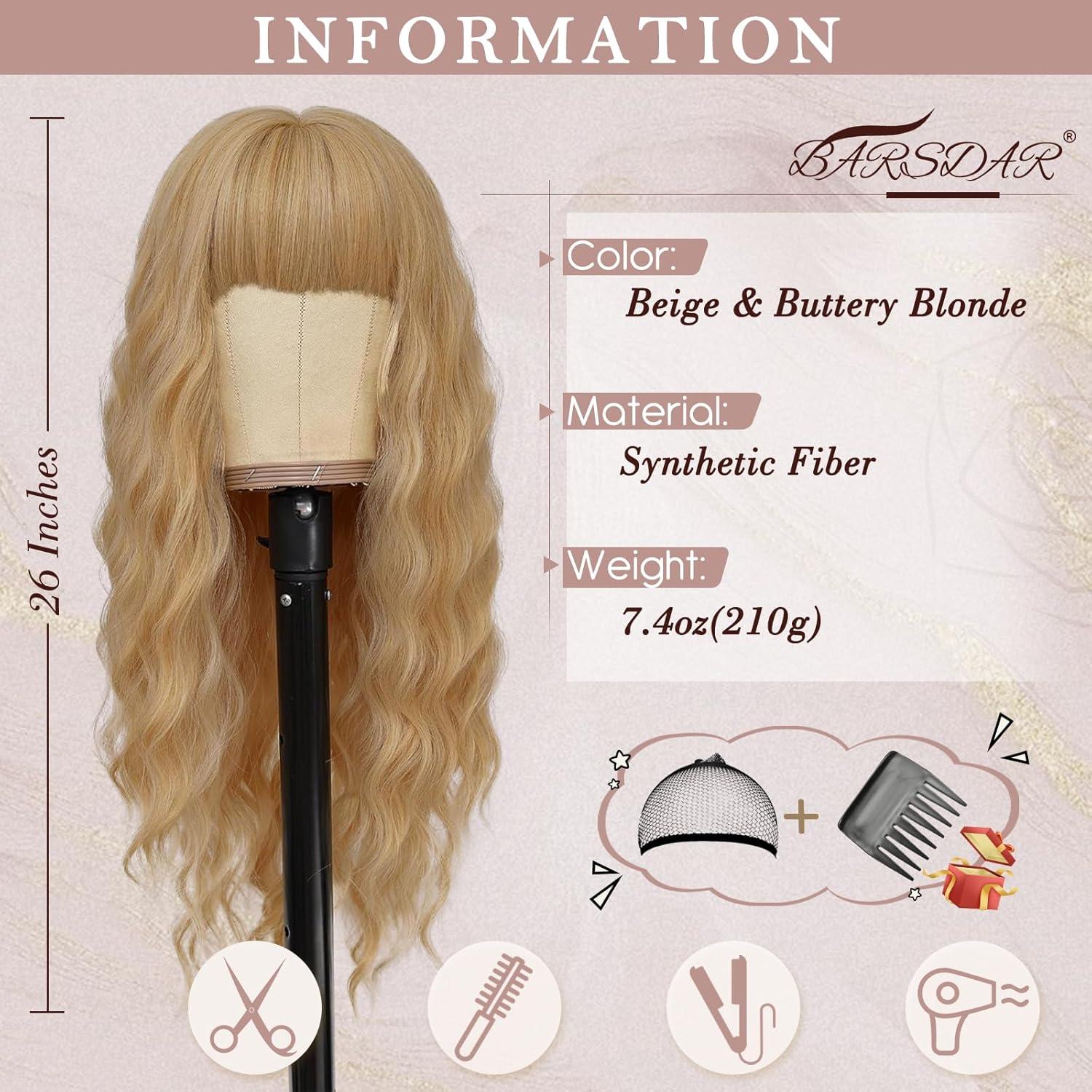 Blonde Lange Gewellte Perücke mit Pony für Frauen 66cm