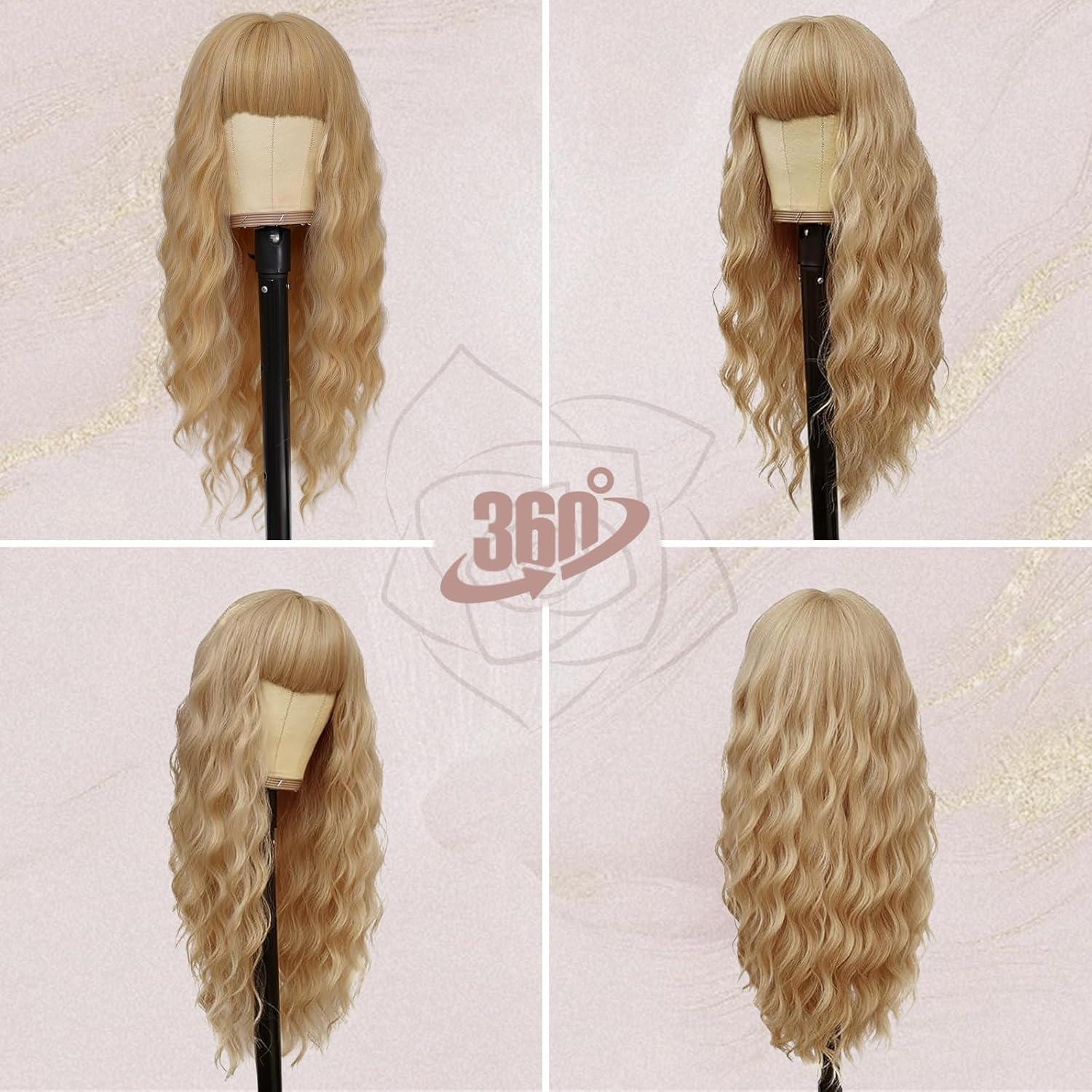 Blonde Perücke mit Pony 66 cm Gewellt Halloween Cosplay