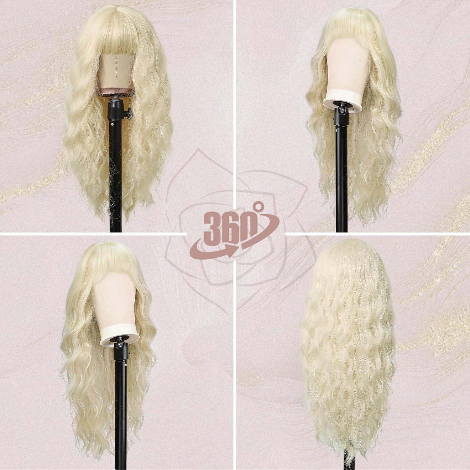 BARSDAR Lange Platinblond Wellen Perücke mit Pony 66cm - Synthetische Haarperücke für Frauen - Cosplay Party Halloween