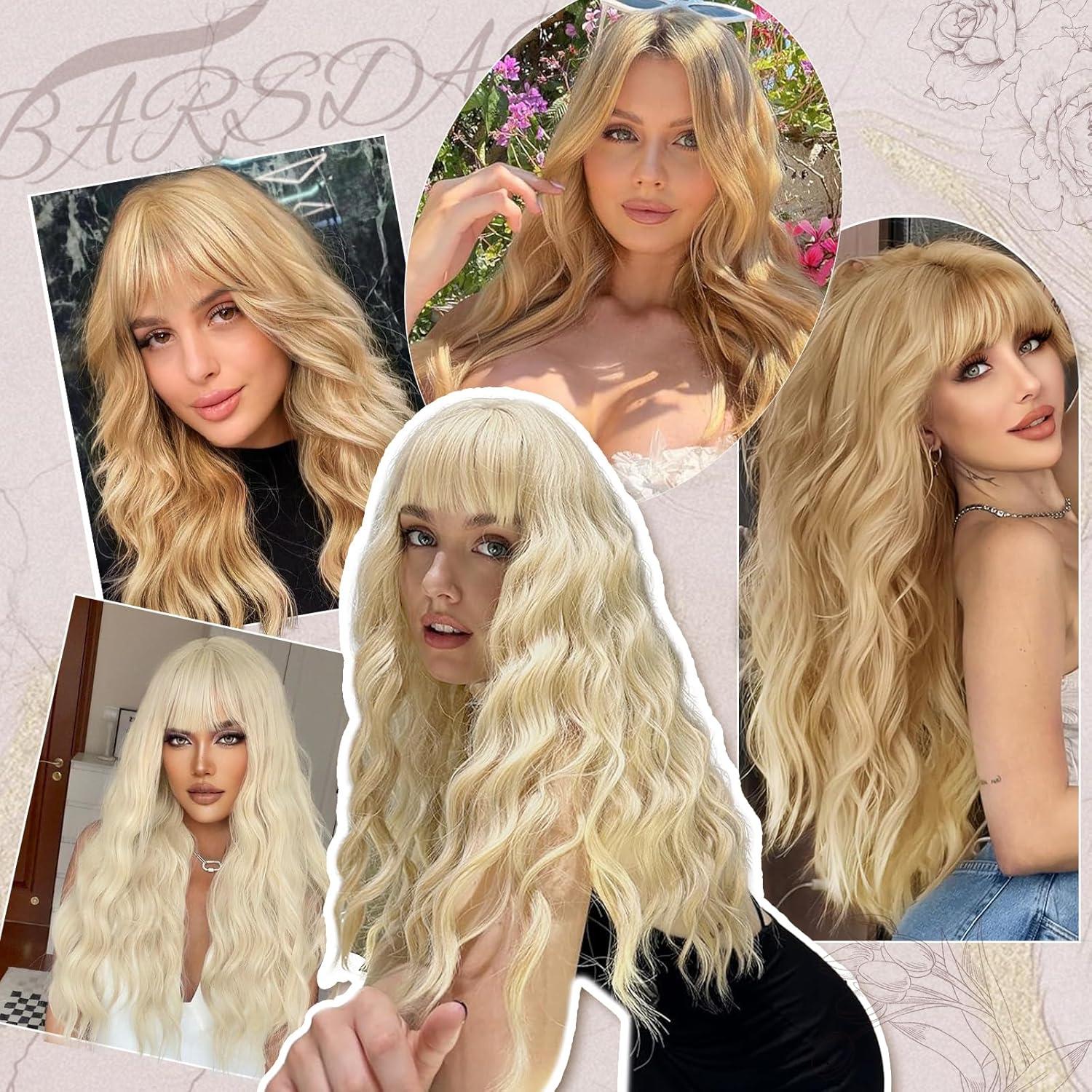Lange Platinblond Wellenperücke mit Pony 66cm für Frauen Cosplay Halloween