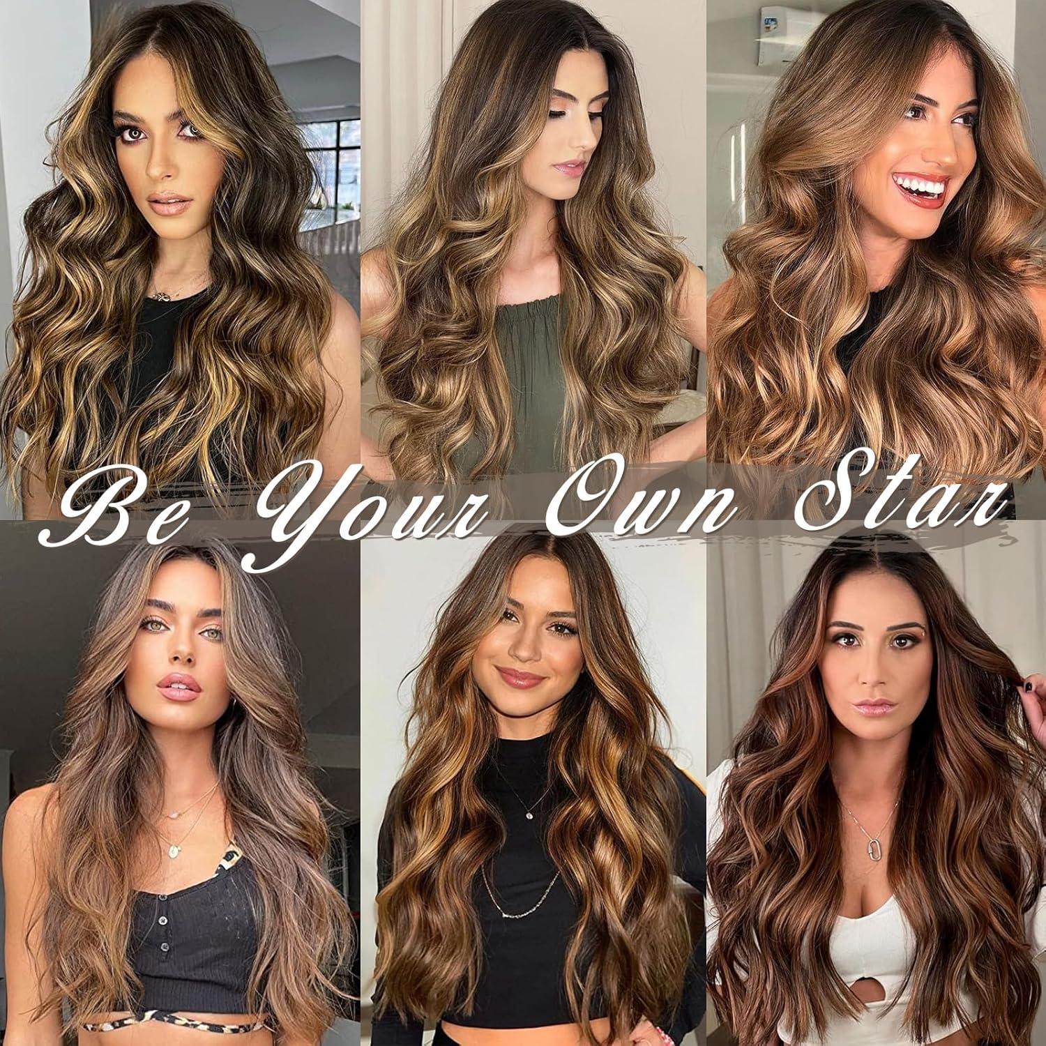 5 Clip Haar Extensions 50cm Wellige Highlights Braun Karamell Blond