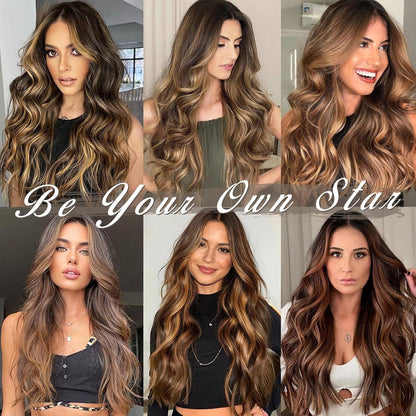 5 Clip Haar Extensions 50cm Wellige Highlights Braun Karamell Blond