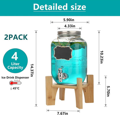 Glas Getränkespender 4L mit Wasserhahn und Bambusständer 2er