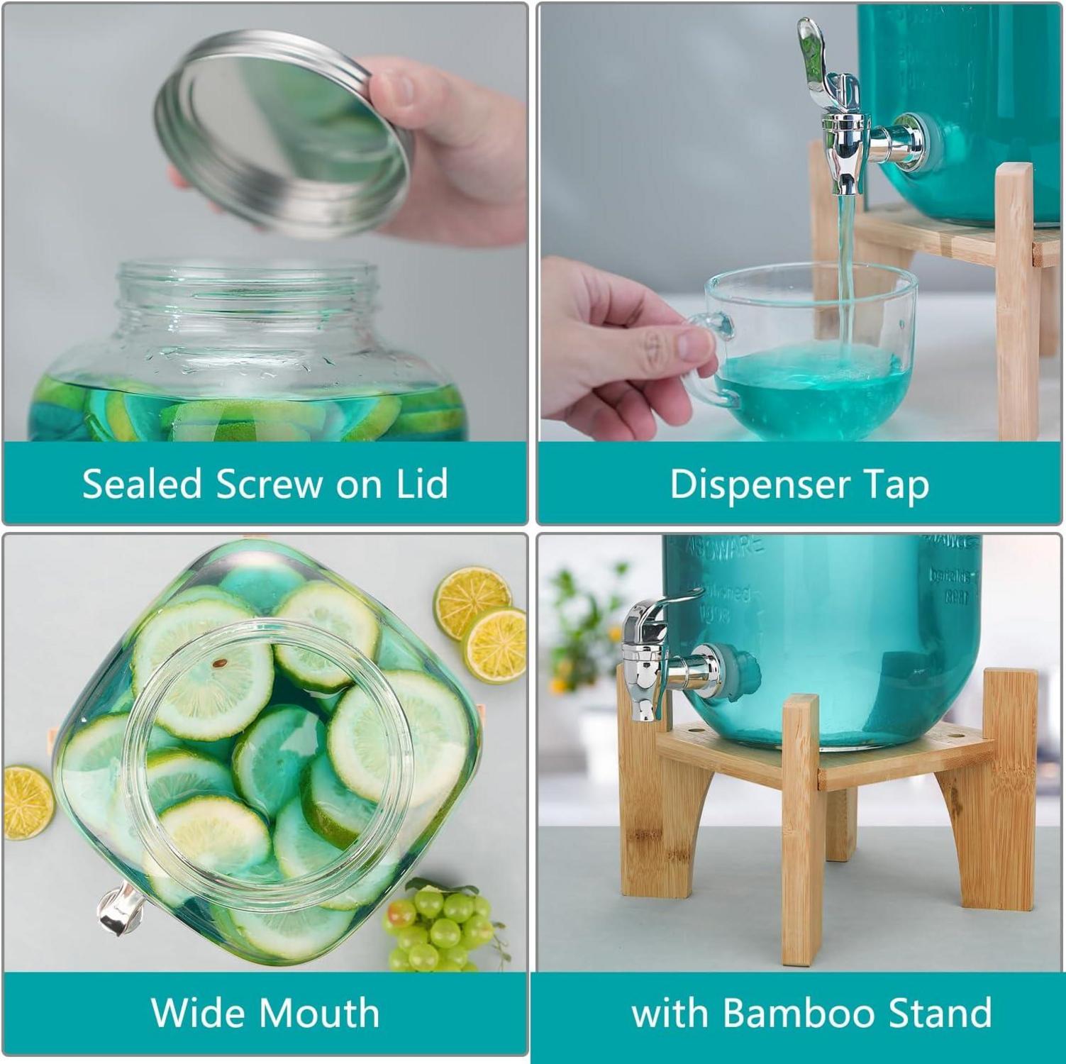 Glas Getränkespender 4L mit Wasserhahn und Bambusständer