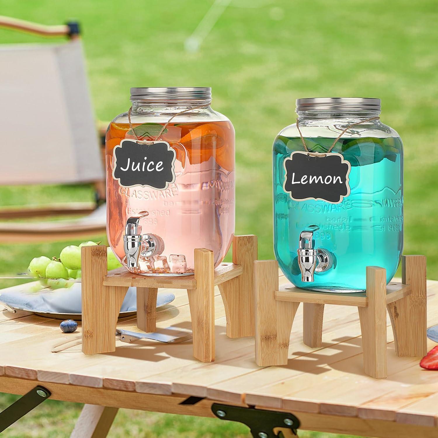 2er Set Glas Getränkespender 4L mit Wasserhahn Bambusständer