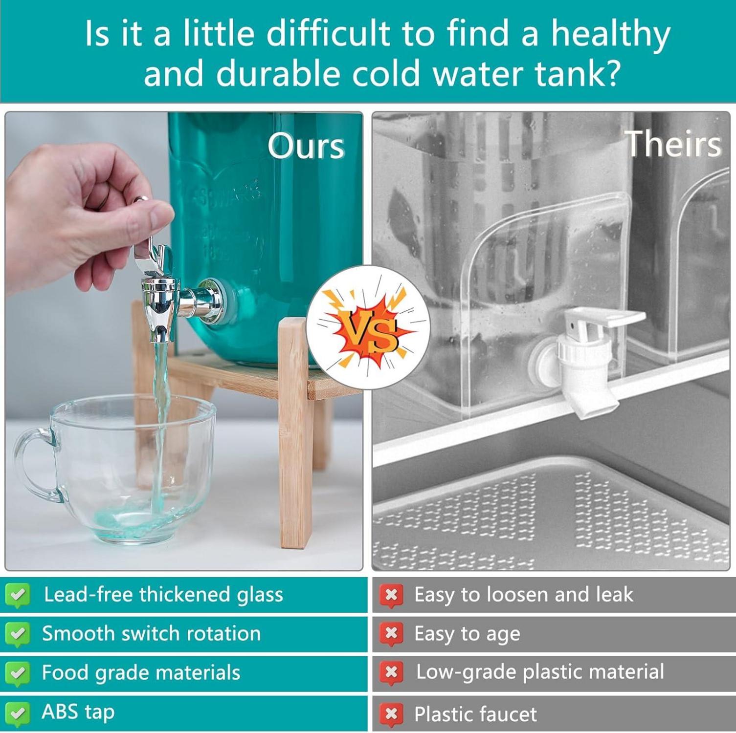 2Pcs 4L Glas Getränkespender mit Wasserhahn und Bambusständer