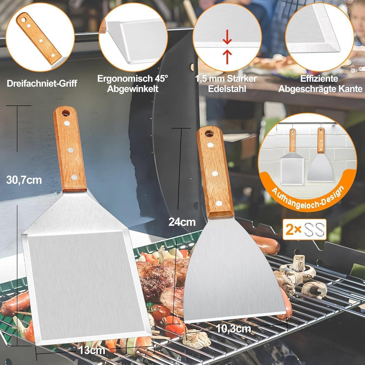 Grillspachtel Set Edelstahl mit Holzgriff – 2er Set