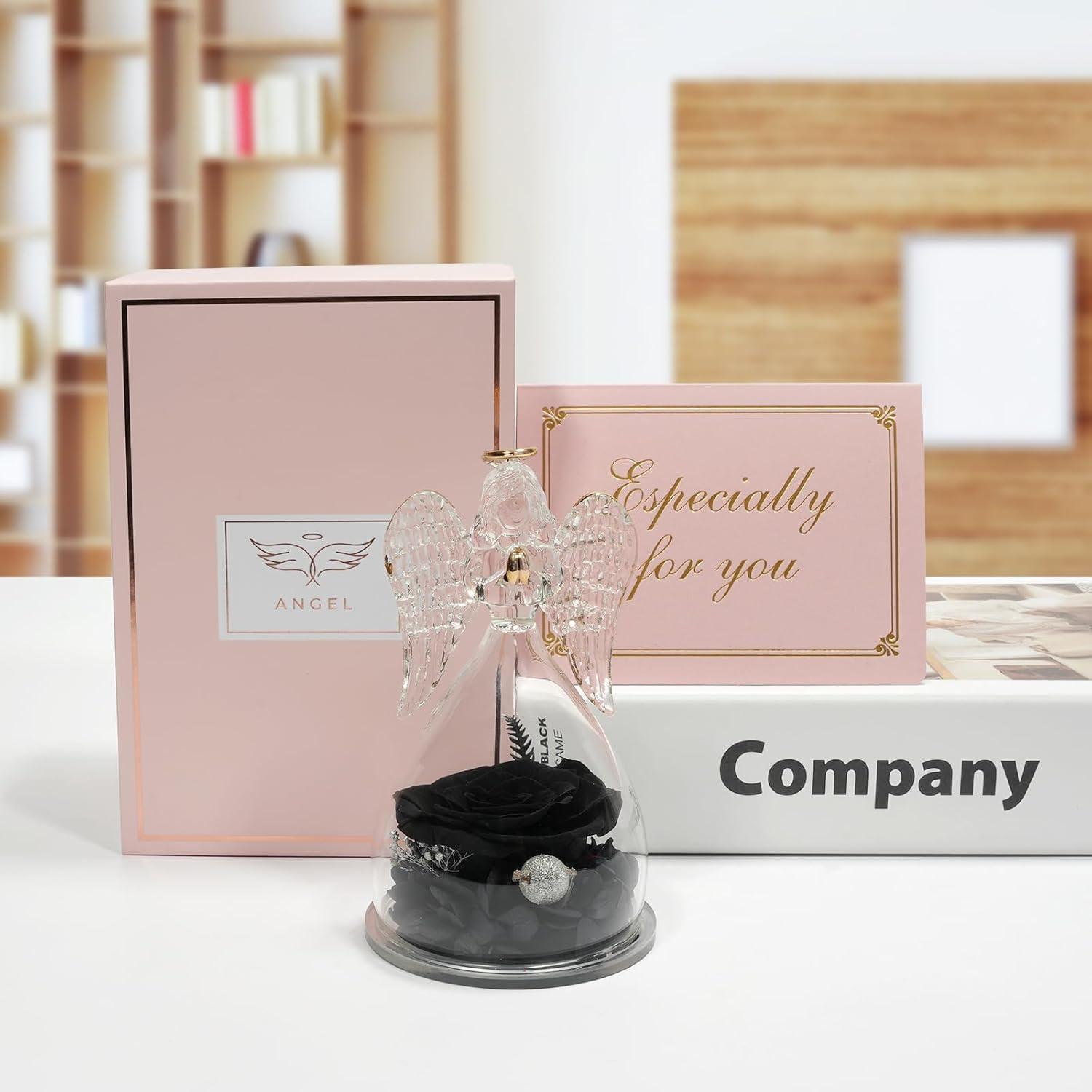 Ewige Rose Engel Figur Geschenk Schwarz Glaskuppel