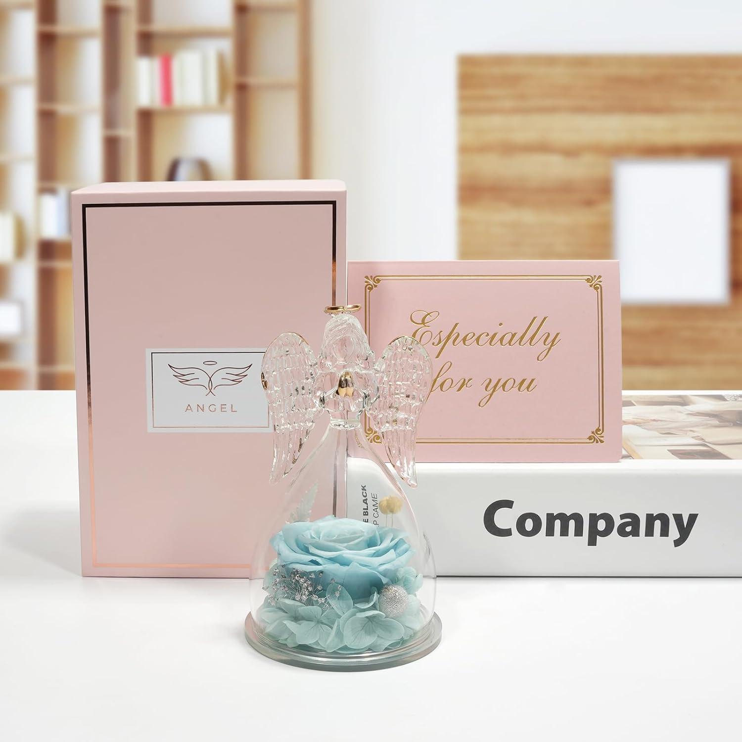 Ewige Rose Engel Figur Geschenkbox Blaue Ewige Blume Glaskuppel