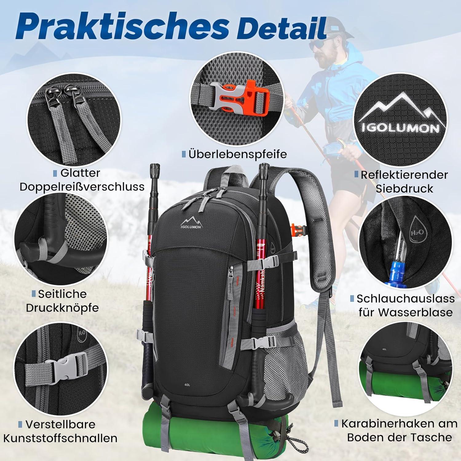 Wanderrucksack 40L Wasserdichter Groß Leicht Faltbar