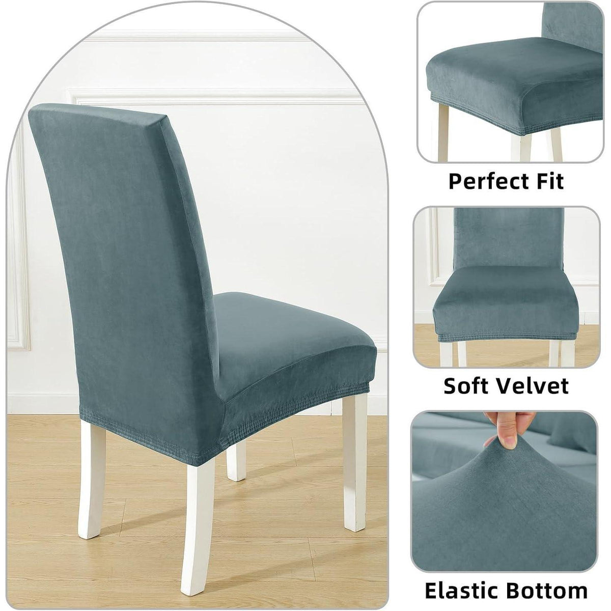 Samt Stuhlhussen 4er Set – Stretch & Waschbar Graublau