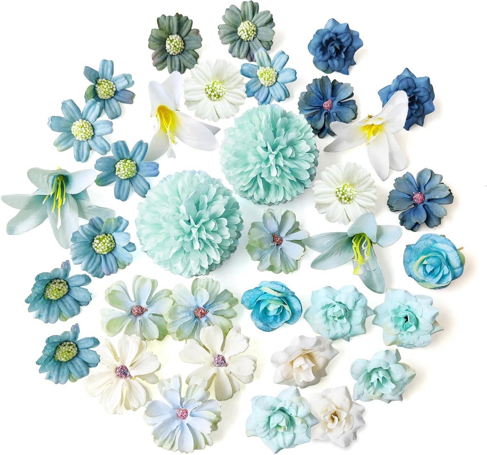 34 Stück Mini Blumenköpfe Basteln Blau Seidenblumen 4-7cm