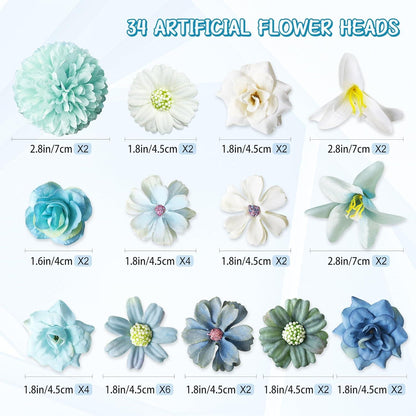 34 Stück Mini Kunstblumen Blau Dekoblumen Seidenblumen 4-7cm